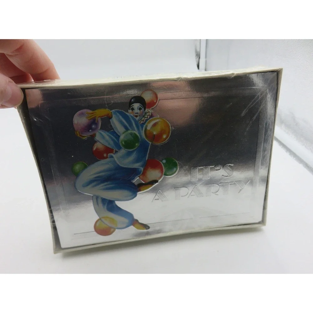 Vintage English Cards Ltd Pierrot Clown Party Invitations Silver Foil Set of 10